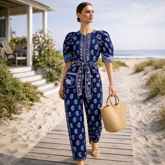 NEW Farm Rio Printed Cotton Poplin Crochet Trim Jumpsuit Navy Medium - Picture 12 of 12